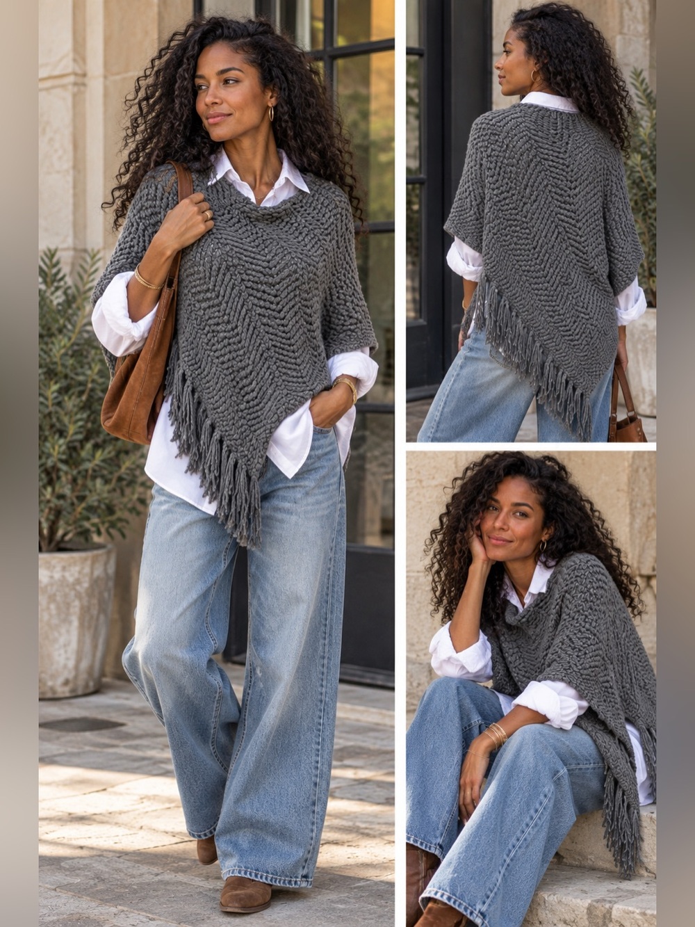 Cozy Fringe Knit Poncho Sweater - Gray